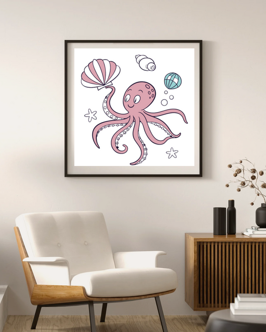 Affiche cadre avec poulpe joyeux et ses trésors marins dans un style océan ludique