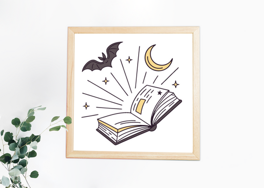 Cadre thème mystique avec une icône de livre ouvert et design décoratif raffiné