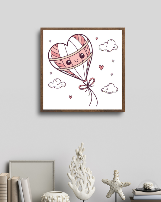 Illustration encadrée de montgolfière kawaii cœur pour décoration en toutes occasions