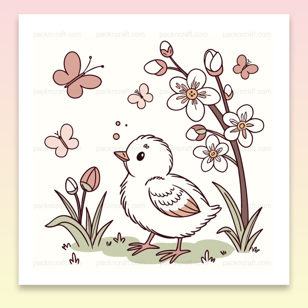 Illustration pastel d'un poussin curieux au printemps, utilisable pour papeterie et déco.
