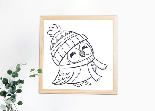 Cadre contenant une chouette cartoon joyeuse dans un thème hivernal enchanteur