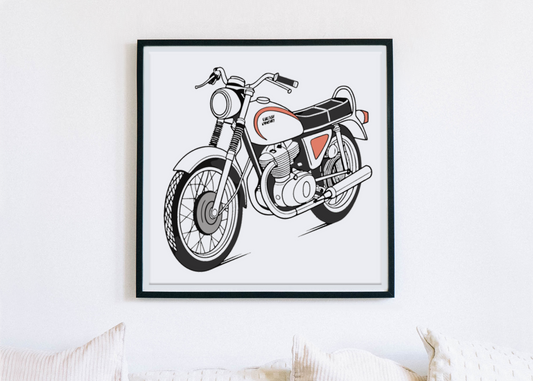 Suzuki T500 1968 dans un cadre stylisé, ajout parfait pour vos murs.