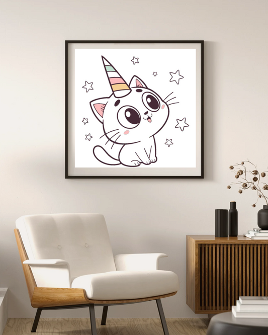 Cadre avec chat enchanteur aux couleurs pastel et ambiance magique