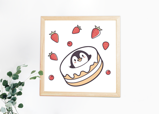 Cadre avec pingouin cartoon et fruits d'été, idéal pour ajouter une touche décorative