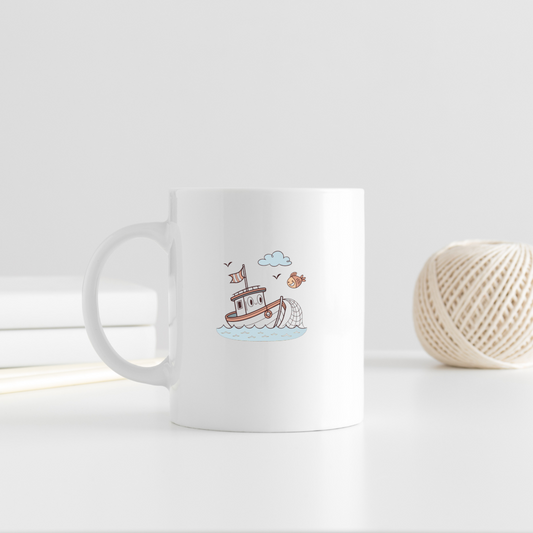 Mug en céramique avec motif marin de bateau pêcheur joyeux aux teintes pastel