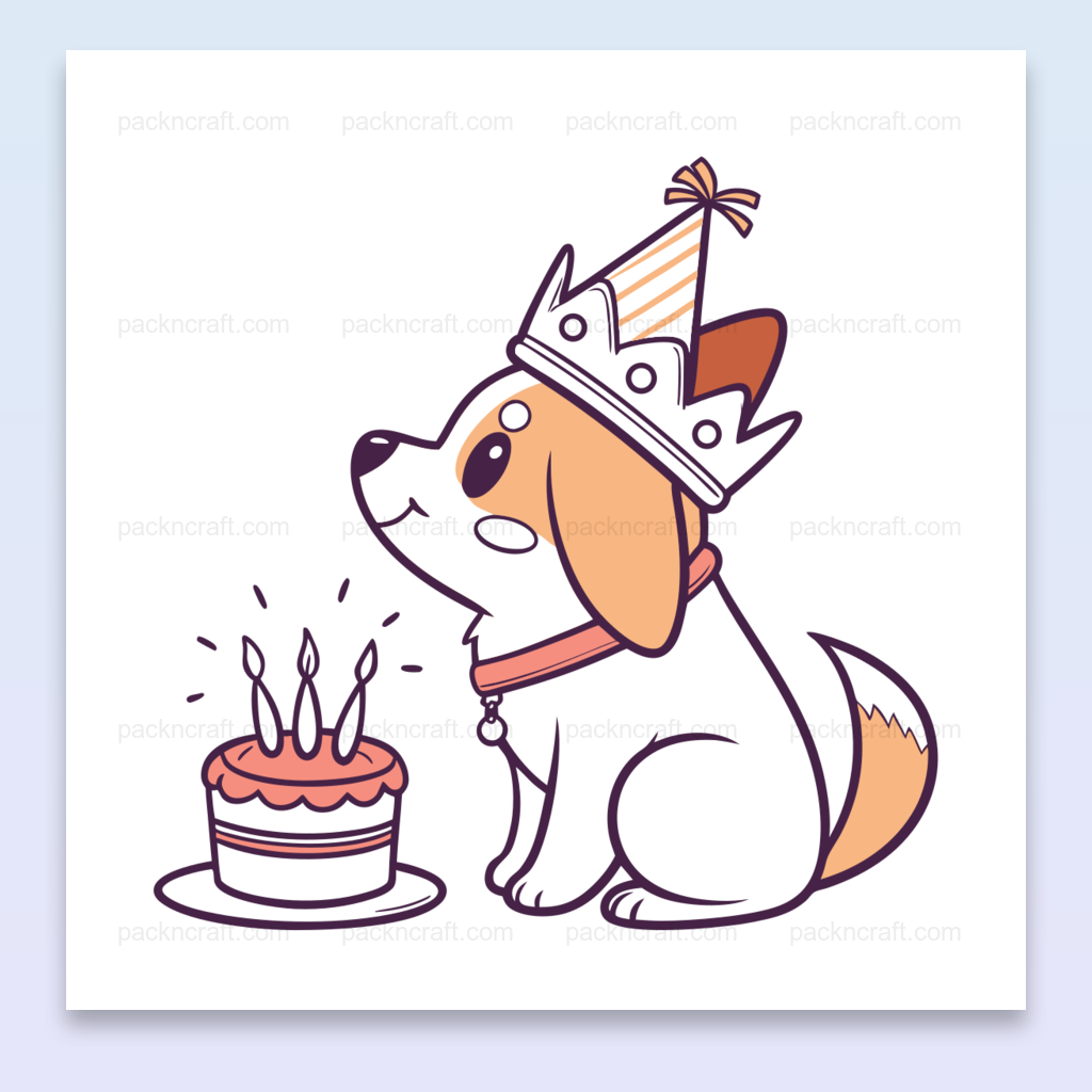 Illustration kawaii de chien fêtant un anniversaire avec gâteau et chapeau.