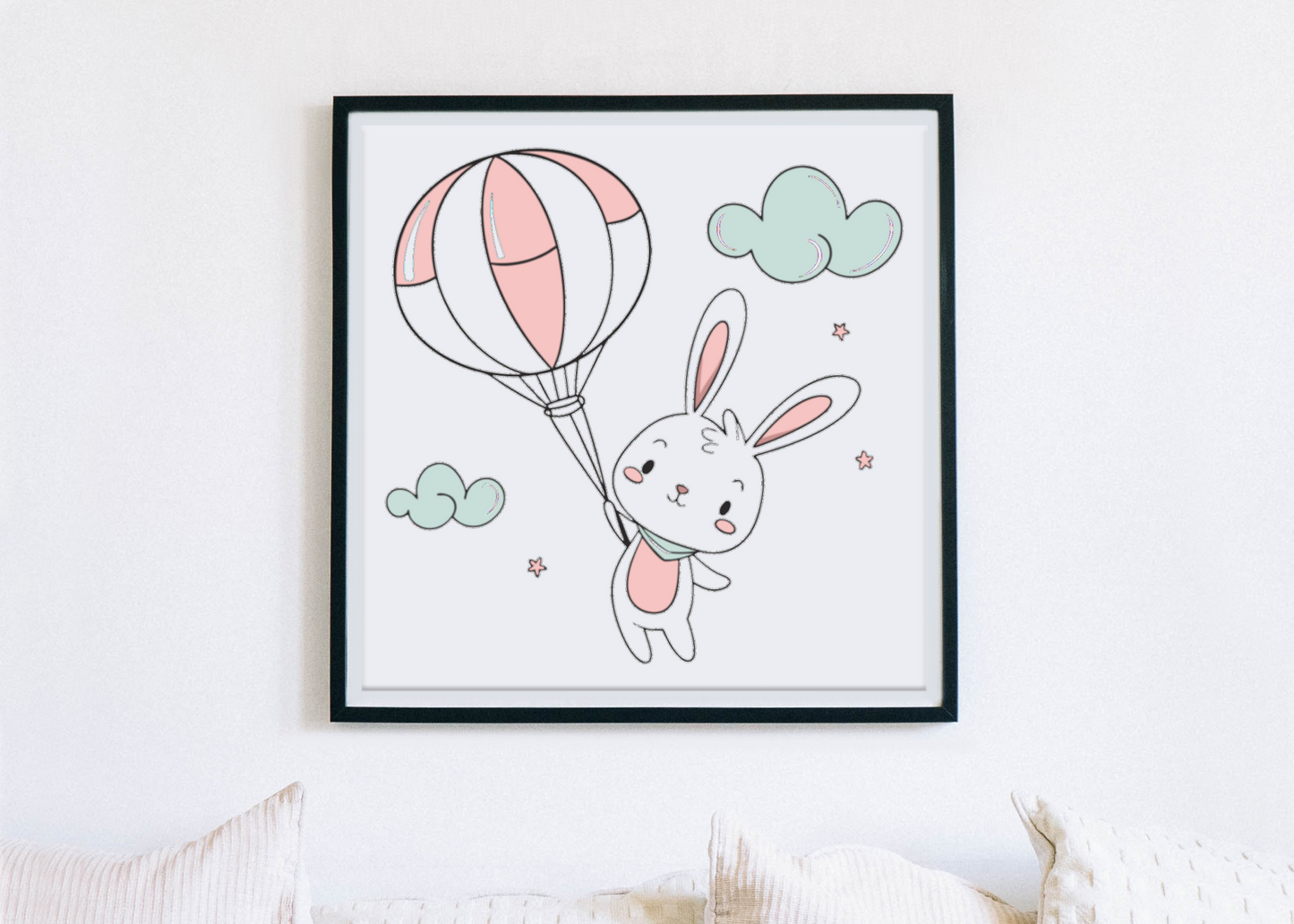 Cadre d'art lapin kawaii en ballon, parfait pour chambres d'enfants