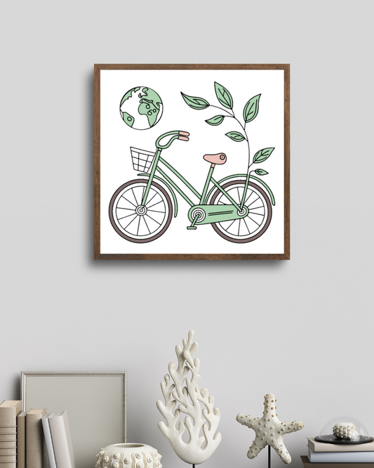 Cadre déco avec vélo vert, globe et feuilles en pastel écologique