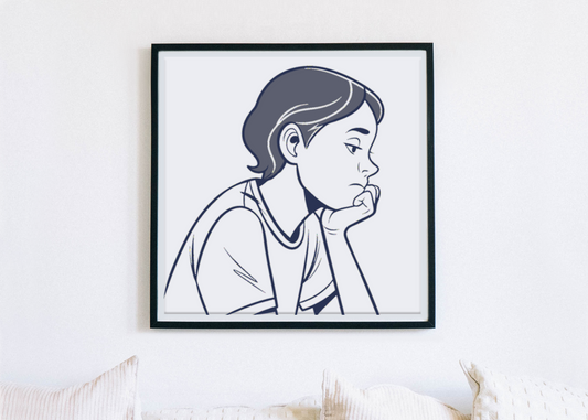 Cadre avec icône d'enfant pensif en pleine réflexion sur fond minimaliste