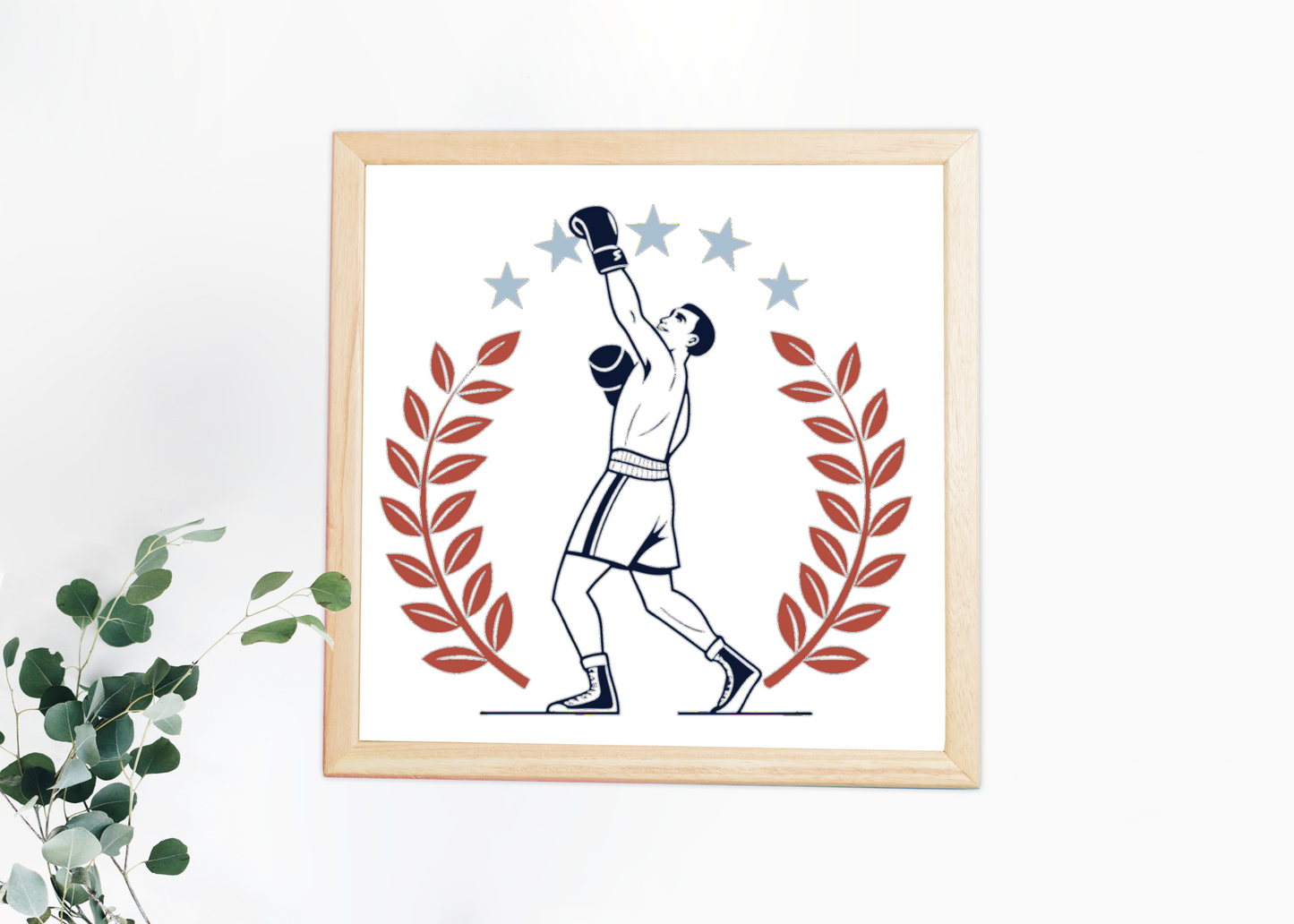 Cadre sportif avec boxeur triomphant en fond minimaliste pour déco moderne