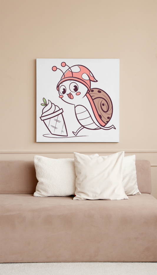 Cadre avec escargot joyeux et glace, tons pastel pour une déco printanière attrayante