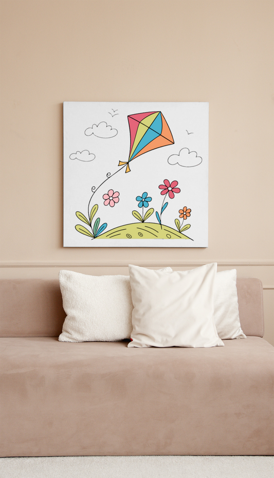 Cadre décoratif avec un cerf-volant coloré sur fond de printemps floral vibrant