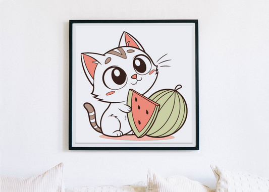 Cadre décoratif style kawaii avec chaton et melon pour un thème estival