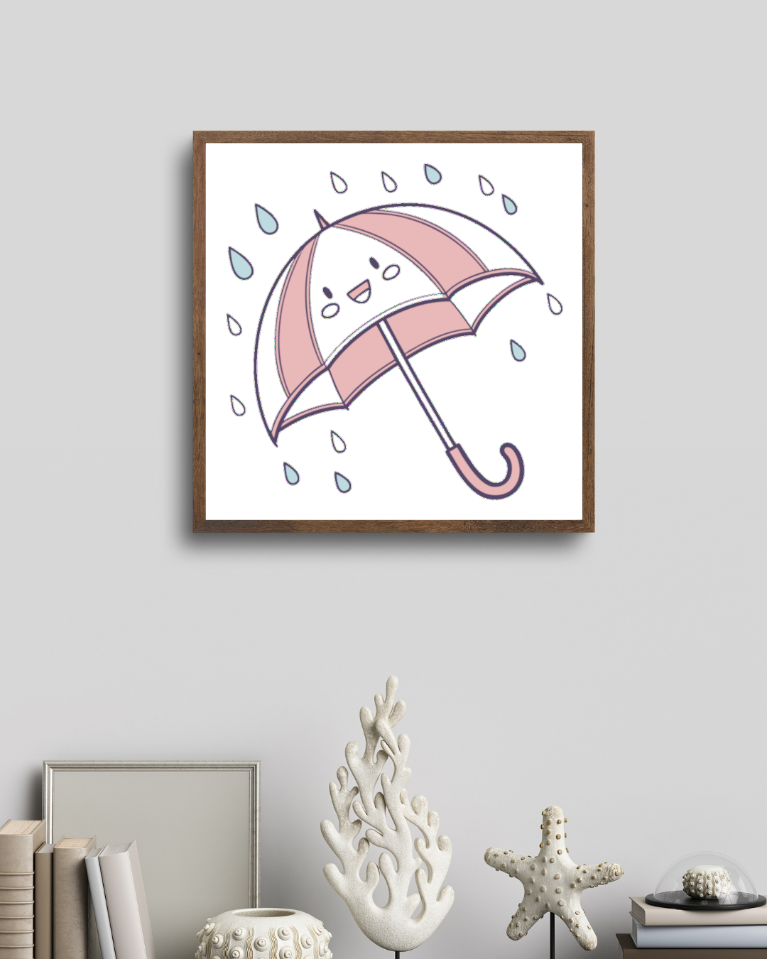 Cadre décoratif avec parapluie kawaii souriant sous la pluie, thème Rainy Day