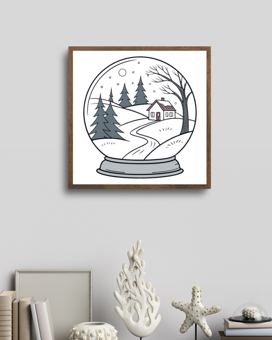 Cadre avec design minimaliste représentant un paisible paysage hivernal, style épuré