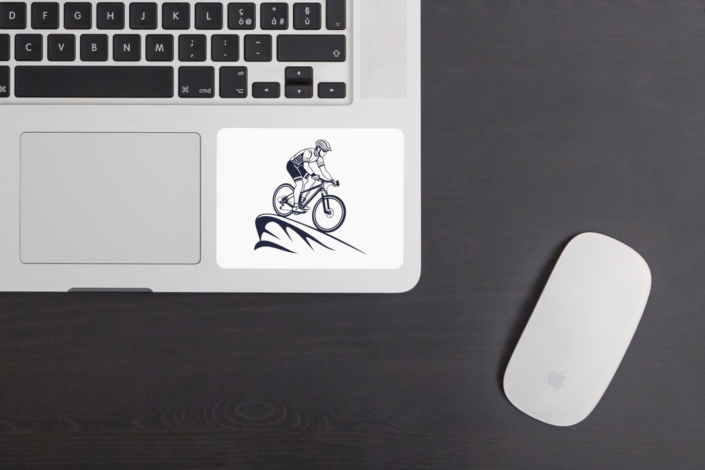 Sticker dynamique représentant un cycliste en descente sur fond coloré