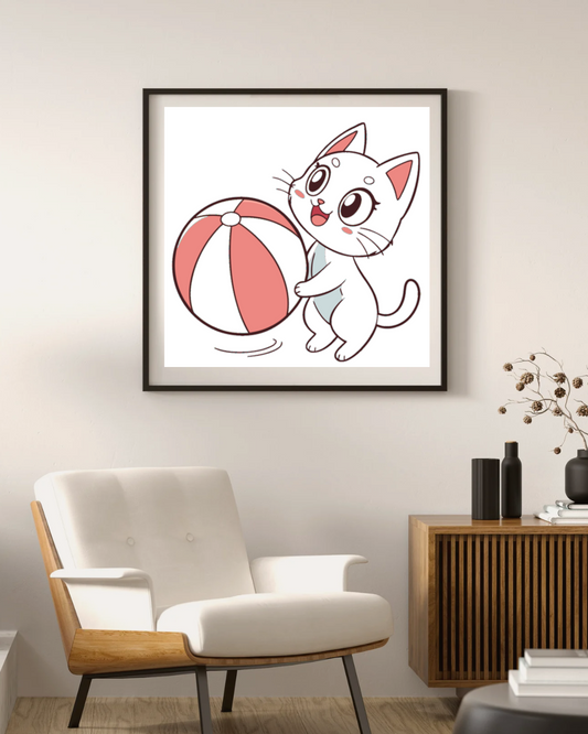Cadre décoratif avec chat kawaii jouant avec un ballon style animalier charmant