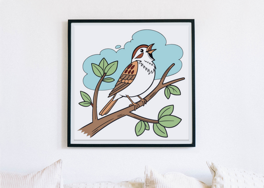 Cadre avec moineau chantant en style vectoriel doux posé sur une branche