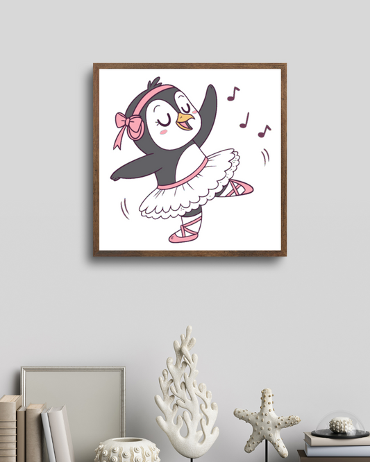 Cadre avec un pingouin danseur en style pastel, ambiance ludique et enfantine