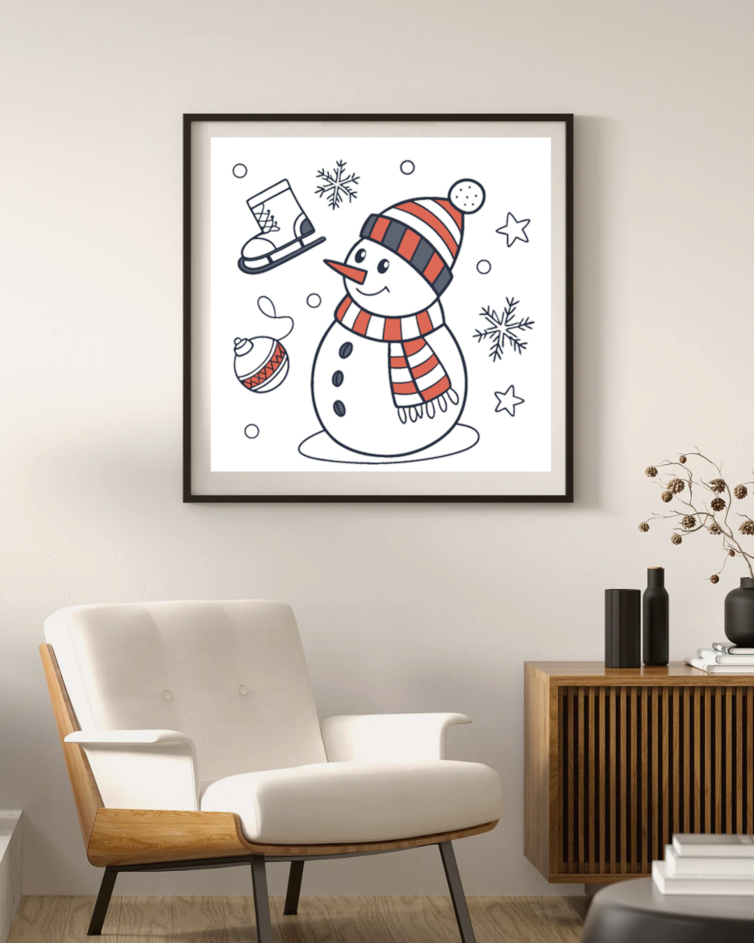 Cadre déco avec bonhomme de neige joyeux pour un hiver festif et enchanteur