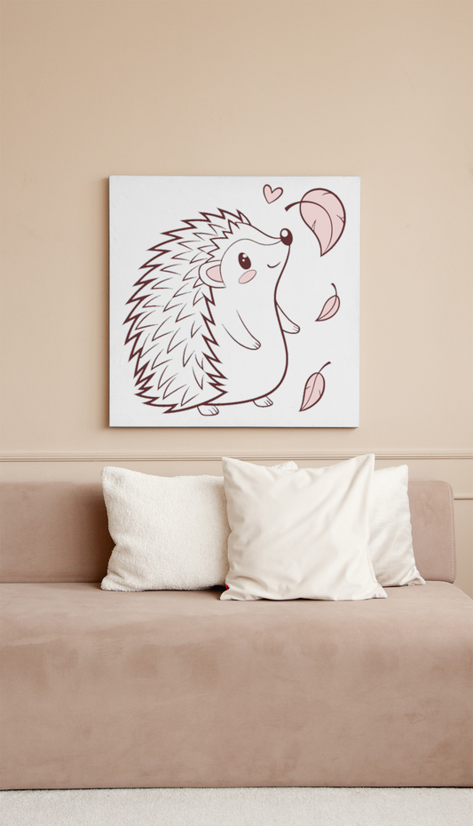 Cadre décoratif avec hérisson joueur minimaliste sur un fond automnal