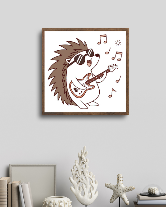 Cadre déco avec hérisson jouant de la guitare électrique dans un style rock moderne