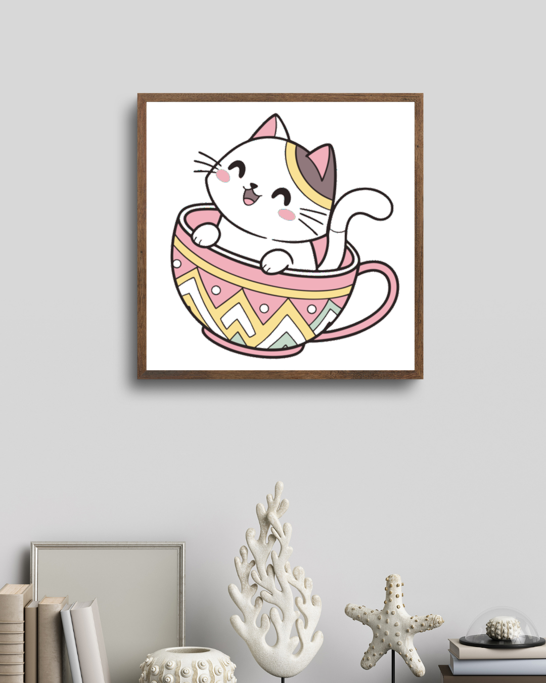 Cadre adorable avec chat joyeux style kawaii dans une tasse