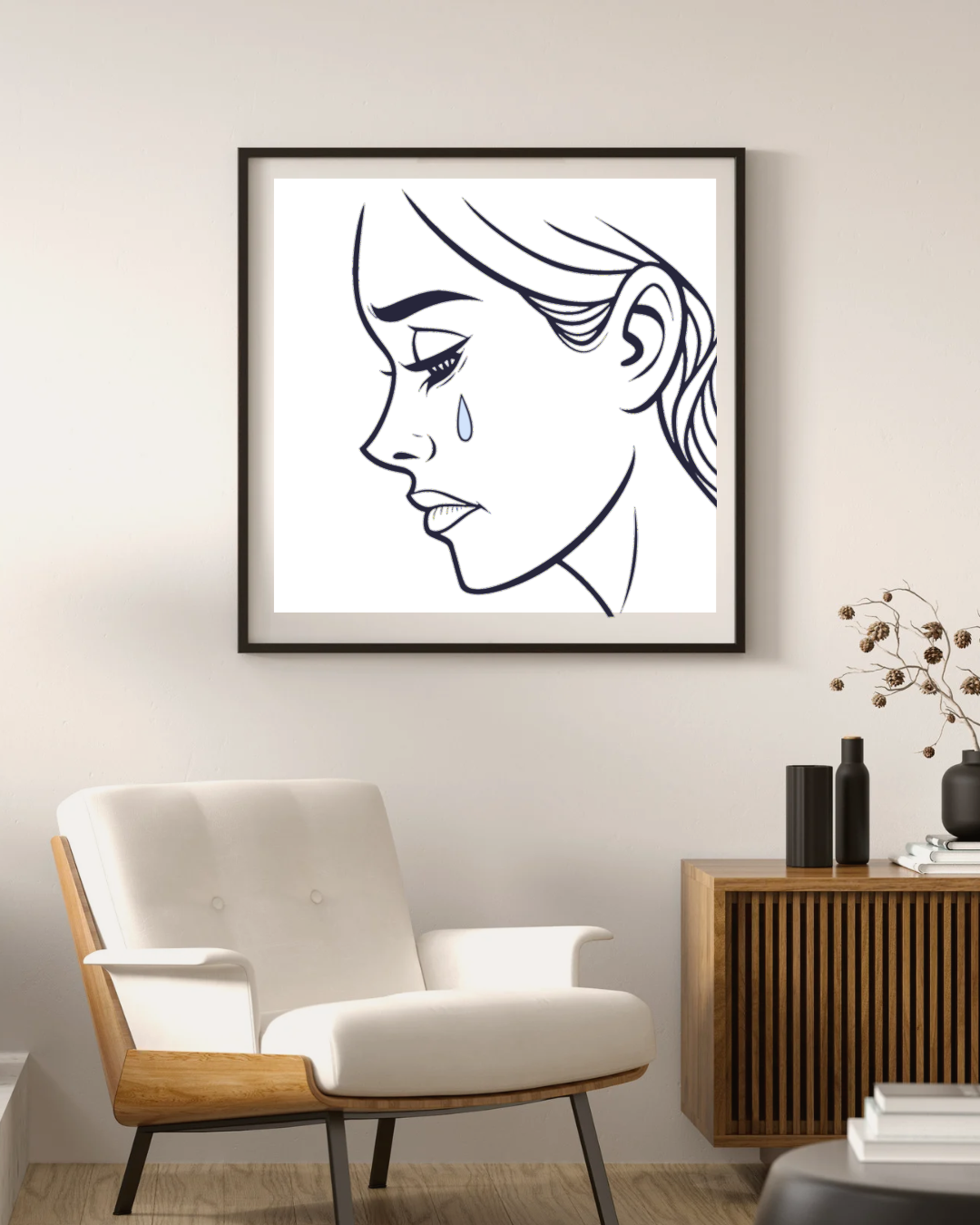 Cadre au design moderne avec icône stylisée de visage exprimant la tristesse