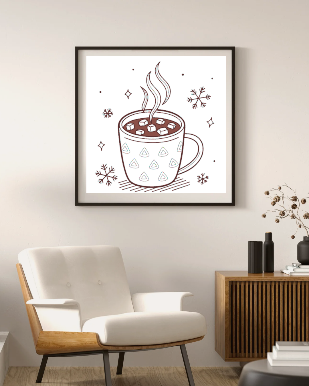Cadre avec décor hivernal numérique cosy représentant une tasse de chocolat chaud