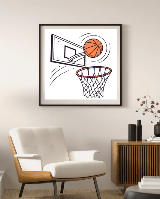 Cadre avec icône dynamique de panier de basket en action parfait pour fans de sport