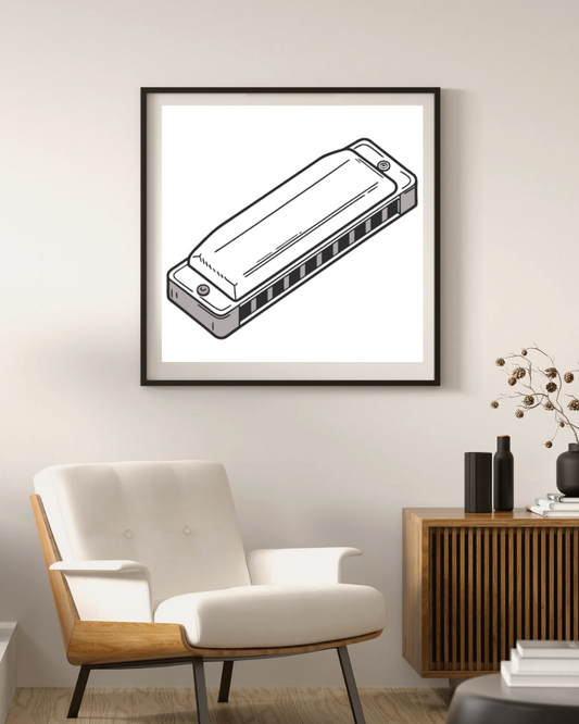 Cadre mural avec harmonica et notes, esprit musical vintage, décor élégant