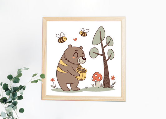 Cadre décoratif avec ours joyeux entouré d'abeilles dans une forêt enchantée