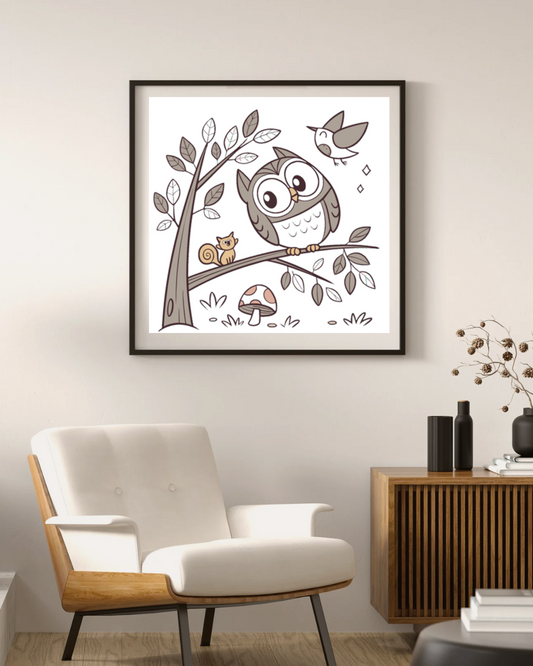 Cadre moderne avec une chouette pastel souriante posée gracieusement sur une branche