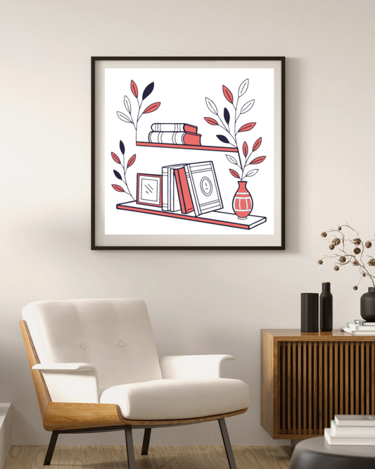 Cadre avec étagère doodle cozy et livres pour un intérieur chaleureux