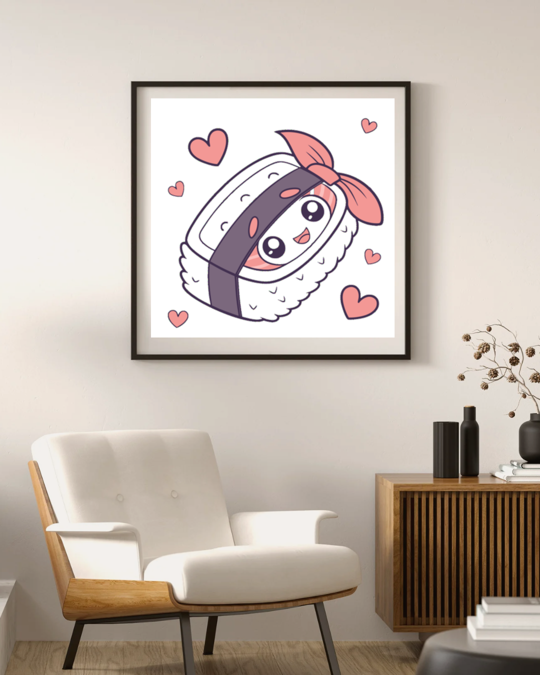 Cadre déco avec sushi mignon sur fond gourmand pour cuisine tendance