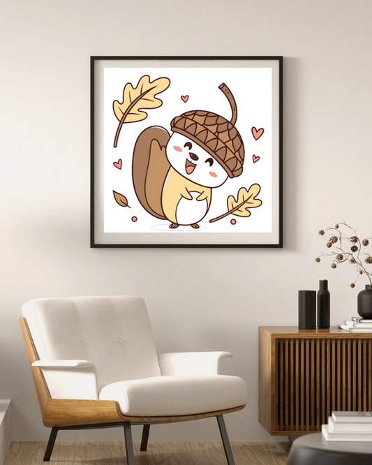 Un cadre automnal avec un écureuil kawaii joyeux dans des tons oranges et marrons