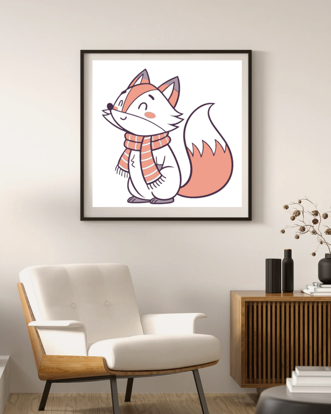 Cadre en bois exposant un renard souriant avec écharpe dans une ambiance hivernale
