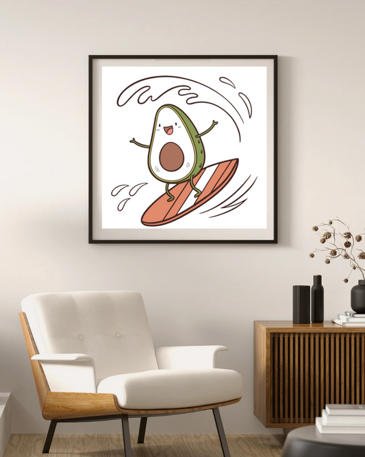 Cadre avec un avocat souriant sur une planche de surf style plage pastel vibrant