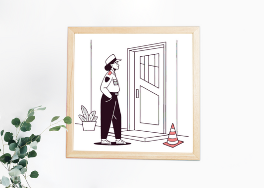 Illustration agent de sécurité devant porte, parfait pour affiches., Design vectoriel numérique agent sécurité, utilisation sur papeterie., Graphisme d'un agent de sécurité pour impression sur mugs., Simulation d'une illustration agent de sécurité sur t-shirt., Agent de sécurité en vectoriel adapté pour stickers.