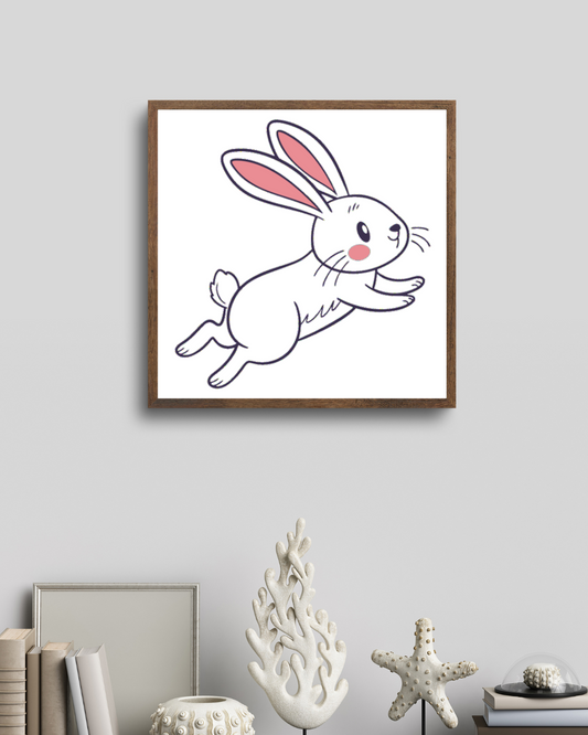 Cadre avec lapin stylisé bondissant dans une ambiance nature ludique