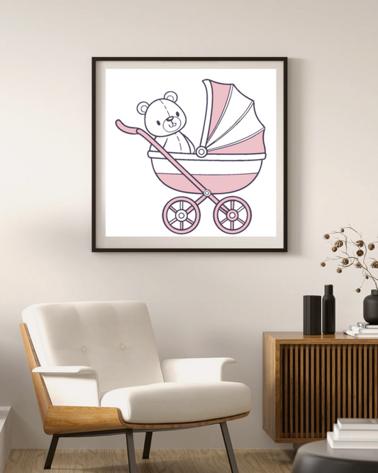 Illustration kawaii de wagon pour bébé en cadre, déco douce.