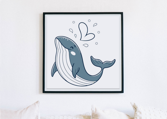 Cadre décoratif avec baleine joyeuse style doodle sur fond marin