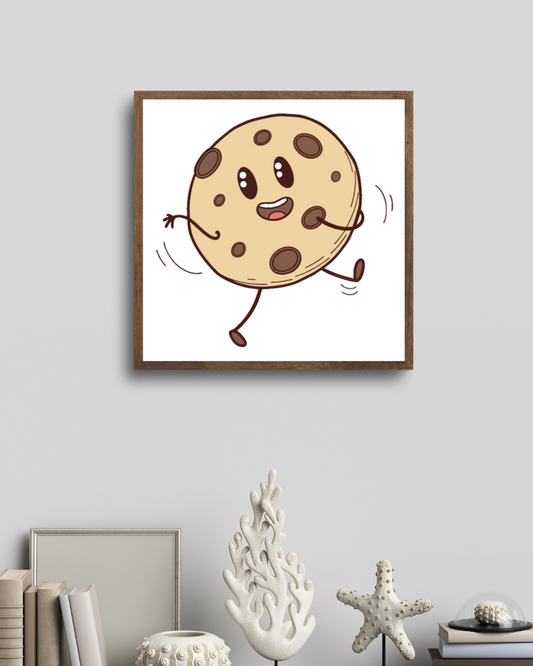 Cadre décoratif avec snack amusant représentant un cookie kawaii joyeux dansant
