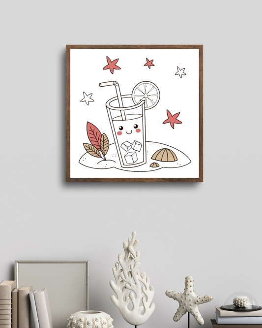 Cadre avec icône kawaii de jus joyeux sur fond estival pour décoration murale