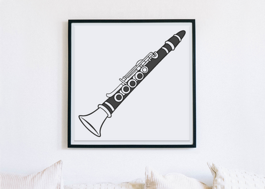 Cadre minimaliste avec clarinette stylisée et design épuré, idéal pour musiciens