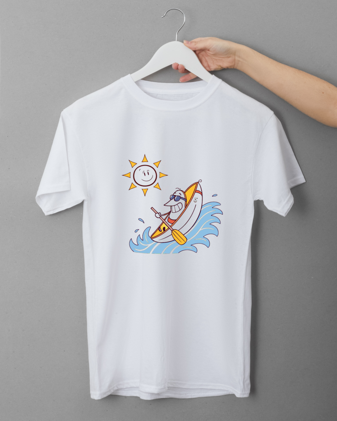 T-shirt avec banane en kayak riant style cartoon pour aventure nautique