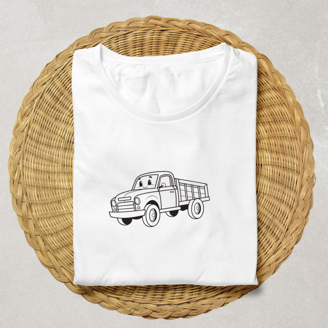 Motif de camion cartoon souriant sur un t-shirt enfantin coloré et ludique