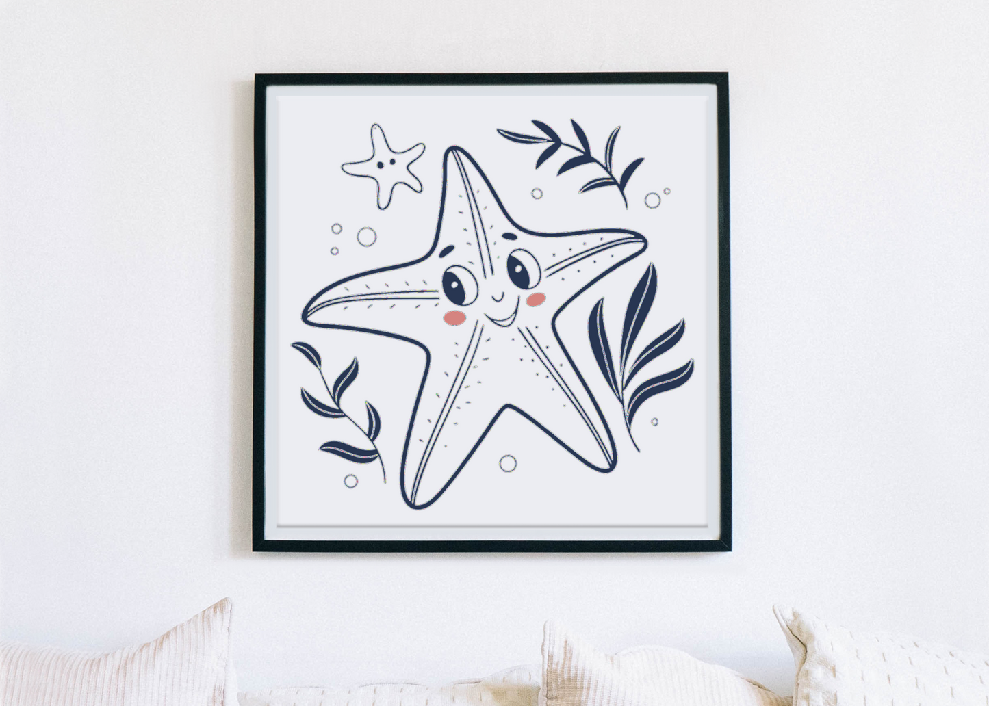 Cadre décoratif avec étoile de mer joyeuse style doodle en ambiance océan