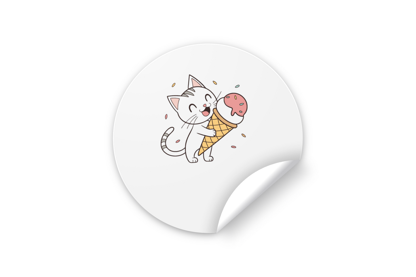 Sticker décoratif avec chat kawaii dégustant une glace ambiance ludique et gourmande