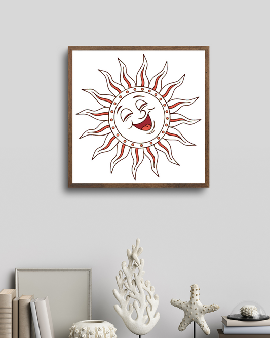 Cadre avec soleil rieur éclatant dans un style estival sur fond minimaliste